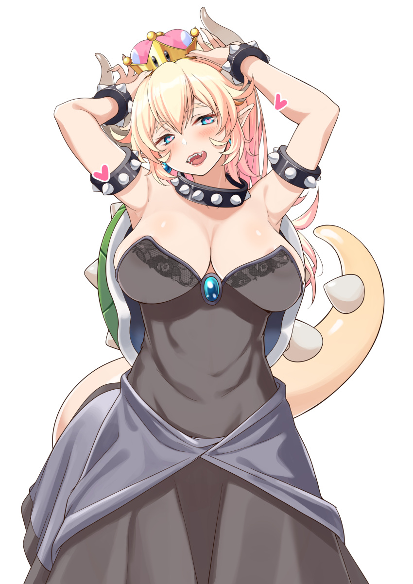 1girl :p absurdres armlet armpits arms_up bangs black_dress blonde_hair blue_eyes blush bowsette bracelet breasts cleavage collar crown dress earrings eyebrows_visible_through_hair hair_between_eyes heart heart-shaped_pupils highres horns jewelry large_breasts looking_at_viewer new_super_mario_bros._u_deluxe nintendo pointy_ears sapphire_(stone) sash sharp_teeth simple_background solo spiked_bracelet spiked_collar spiked_tail spikes strapless strapless_dress super_crown super_mario_bros. symbol-shaped_pupils tail teeth tonbo tongue tongue_out turtle_shell white_background