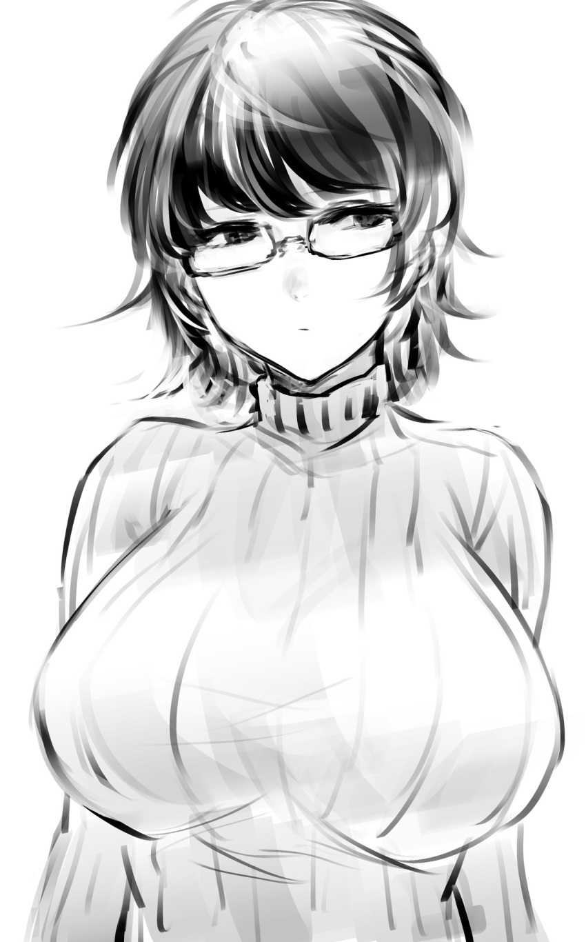 1girl breasts closed_mouth glasses head_tilt highres hometa huge_breasts long_sleeves looking_away original ribbed_sweater short_hair sketch solo sweater