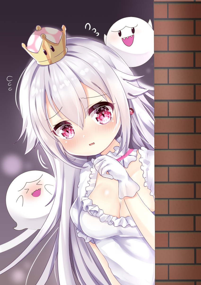 &gt;_&lt; 1girl :d absurdres bangs blush boo breasts brick_wall cleavage closed_eyes commentary_request dress earrings eyebrows_visible_through_hair fang fangs flying_sweatdrops frilled_dress frills gloves hair_between_eyes hand_up highres jewelry ju_(a793391187) large_breasts long_hair looking_at_viewer luigi's_mansion super_mario_bros. new_super_mario_bros._u_deluxe nintendo nose_blush open_mouth parted_lips peeking_out princess_king_boo silver_hair smile super_crown very_long_hair violet_eyes wavy_mouth white_dress white_gloves