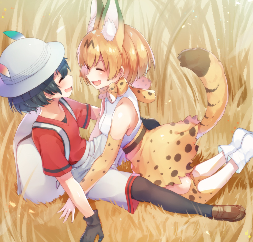 2girls animal_ear_fluff animal_ears arare_mochiko backpack bag bare_shoulders belt black_hair blonde_hair boots bow bowtie commentary_request elbow_gloves eyebrows_visible_through_hair gloves high-waist_skirt kaban_(kemono_friends) kemono_friends kneeling multicolored_hair multiple_girls pantyhose serval_(kemono_friends) serval_ears serval_print serval_tail shirt short_hair short_sleeves shorts sitting skirt sleeveless smile t-shirt tail thigh-highs zettai_ryouiki