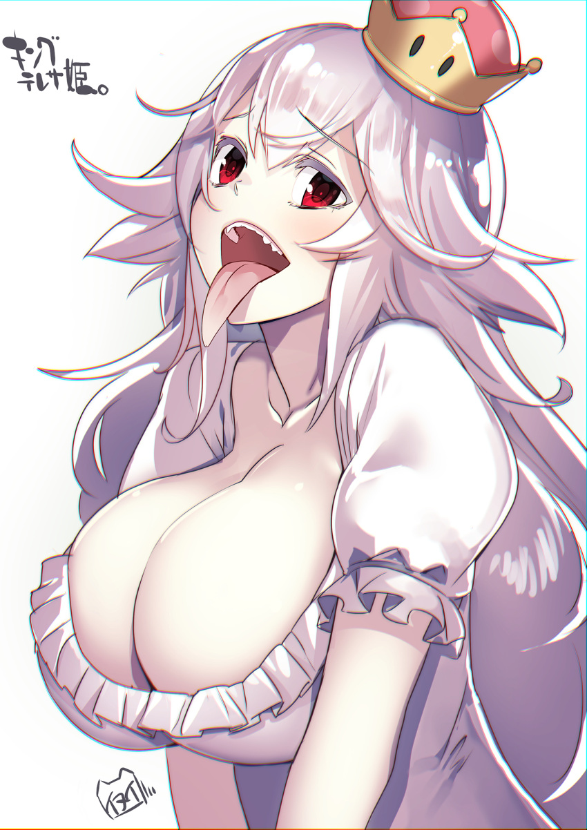 1girl artist_name blush breasts cleavage collarbone commentary_request dress eyebrows_visible_through_hair frilled_dress frilled_sleeves frills hair_between_eyes highres large_breasts long_hair long_tongue looking_at_viewer luigi's_mansion super_mario_bros. new_super_mario_bros._u_deluxe nintendo open_mouth princess_king_boo puffy_short_sleeves puffy_sleeves red_eyes sharp_teeth short_sleeves simple_background solo super_crown teeth tilted_headwear tongue tongue_out upper_body very_long_hair white_background white_dress white_hair yamacchi