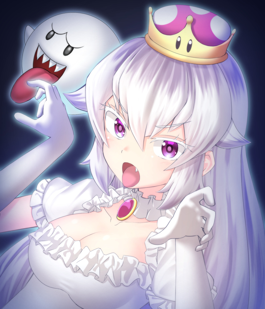 1girl boo breasts brooch collarbone commentary_request crown dress elbow_gloves eyebrows_visible_through_hair eyes_visible_through_hair fang frilled_dress frills ghost_pose gloves hair_between_eyes highres jewelry kakutasu_(akihiron_cactus) large_breasts long_hair looking_at_viewer luigi's_mansion super_mario_bros. new_super_mario_bros._u_deluxe nintendo open_mouth princess_king_boo short_sleeves super_crown tongue tongue_out v-shaped_eyebrows violet_eyes white_dress white_gloves white_hair