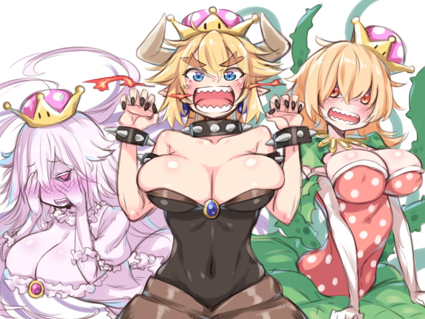 3girls blonde_hair bowsette bracelet breasts cleavage collar crown esoragoto frills highres horns jewelry large_breasts long_hair super_mario_bros. multiple_girls navel new_super_mario_bros._u_deluxe nintendo piranha_plant princess_king_boo purple_hair sharp_teeth short_hair spiked_armlet spiked_bracelet spiked_collar spikes super_crown teeth thorns