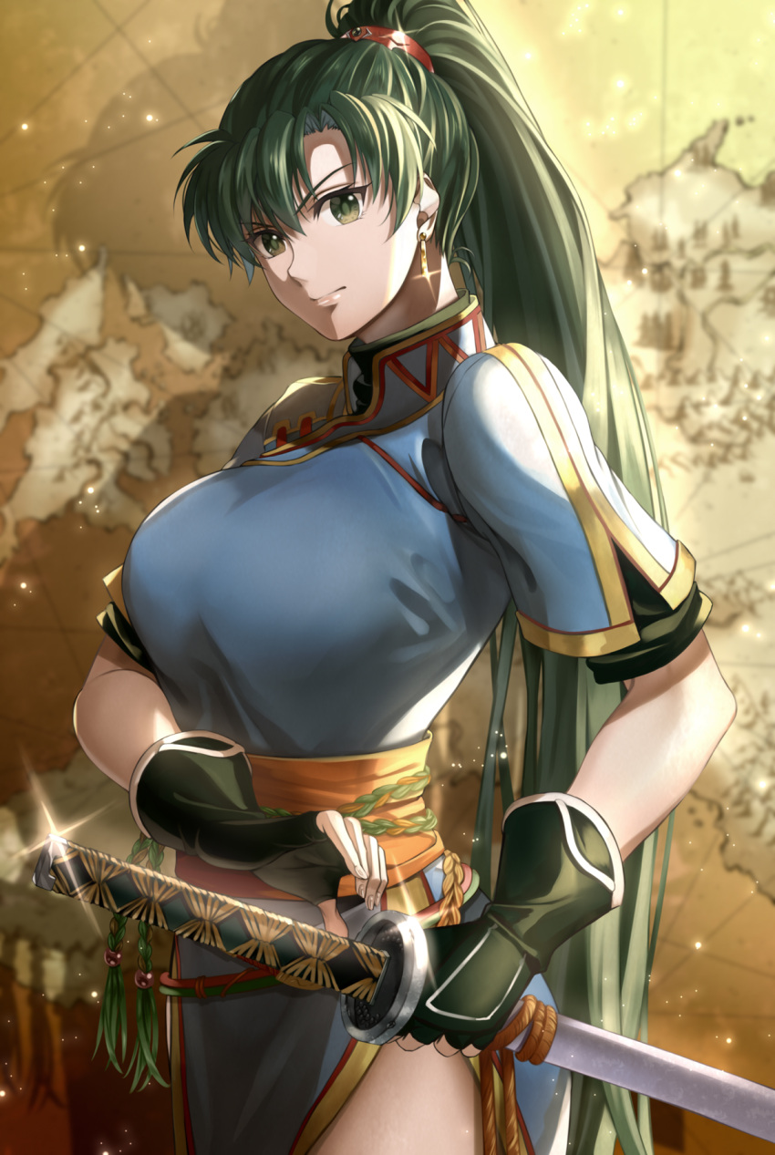 1girl bangs breasts closed_mouth delsaber dress earrings eyebrows_visible_through_hair fingerless_gloves fingernails fire_emblem fire_emblem:_the_blazing_blade gloves green_eyes green_hair hair_ornament high_ponytail highres jewelry large_breasts lips long_hair looking_at_viewer lyn_(fire_emblem) ponytail serious sheath sheathed short_sleeves simple_background solo sparkle sword tied_hair weapon