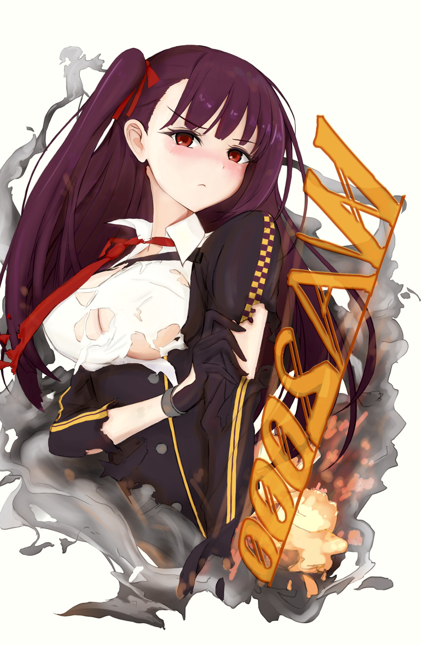 1girl absurdres bangs blazer blush breasts character_name cleavage closed_mouth collared_shirt cropped_torso damaged eyebrows_visible_through_hair framed_breasts girls_frontline gloves hair_ribbon half_updo high-waist_skirt highres holding_own_arm jacket large_breasts long_hair looking_at_viewer necktie nidoraema one_side_up purple_hair red_eyes red_neckwear ribbon shirt skirt solo torn_clothes torn_jacket torn_shirt very_long_hair wa2000_(girls_frontline)
