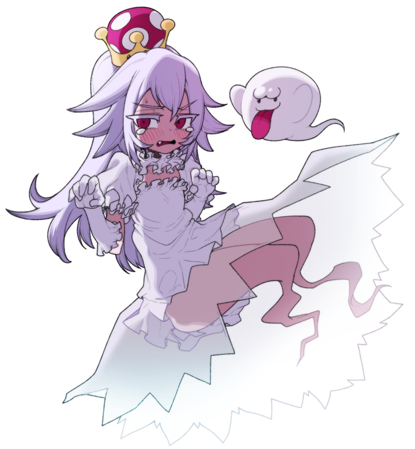 1girl blush boo breasts child crown dress fang ghost ghost_tail gloves half-closed_eyes highres long_hair super_mario_bros. nintendo open_mouth personification princess_king_boo puffy_sleeves sad see-through simple_background solo ssangbong-llama super_crown super_mario_bros. tears tongue tongue_out white_background