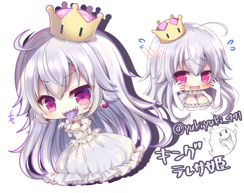 +++ 1girl :d @_@ blush breasts chibi cleavage commentary_request crown dress elbow_gloves fangs flying_sweatdrops gloves king_boo large_breasts long_hair luigi's_mansion super_mario_bros. mini_crown new_super_mario_bros._u_deluxe nintendo open_mouth princess_king_boo puffy_short_sleeves puffy_sleeves purple_tongue sharp_teeth short_sleeves silver_hair simple_background smile super_crown teeth tongue tongue_out translated twitter_username very_long_hair violet_eyes wavy_mouth white_background white_dress white_gloves yukiyuki_441