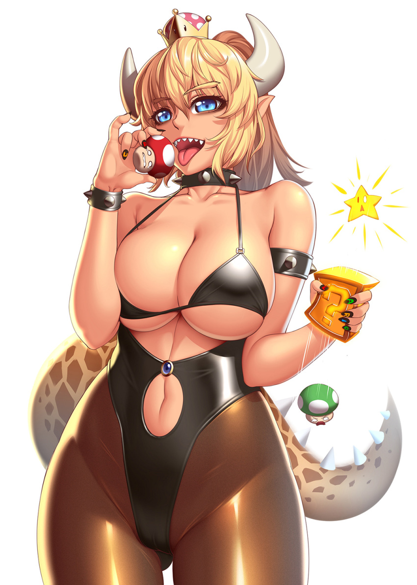 1girl bikini bikini_top black_bikini black_leotard blonde_hair blue_eyes bowsette bracelet breasts brown_footwear collar collarbone genderswap genderswap_(mtf) highres holding horns jewelry large_breasts leotard long_hair looking_at_viewer lucknight mushroom navel navel_cutout new_super_mario_bros._u_deluxe nintendo open_mouth pantyhose pointy_ears ponytail sharp_teeth simple_background smile solo spiked_bracelet spiked_collar spiked_tail spikes star strapless strapless_leotard super_crown super_mario_bros. swimsuit tail teeth white_background