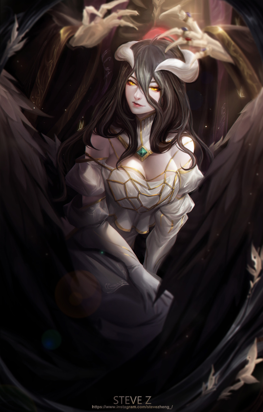1girl ainz_ooal_gown albedo artist_name black_feathers black_hair black_wings breasts cleavage cloak commentary demon_girl demon_horns demon_wings detached_collar dress english_commentary feathers gloves hair_between_eyes highres horns jewelry large large_breasts long_hair looking_at_viewer low_wings overlord_(maruyama) red_lips ring robe skeleton steve_zheng white_dress white_gloves wings yellow_eyes