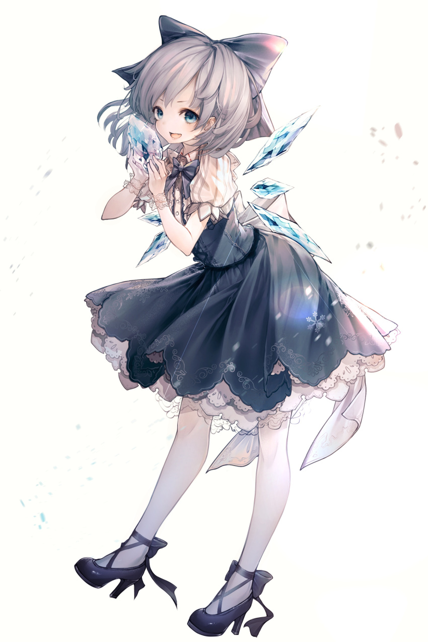 1girl absurdres blue_bow blue_dress blue_eyes bow cirno crystal dress ears full_body highres hito_komoru shoes short_hair short_sleeves simple_background smile solo touhou white_background wings