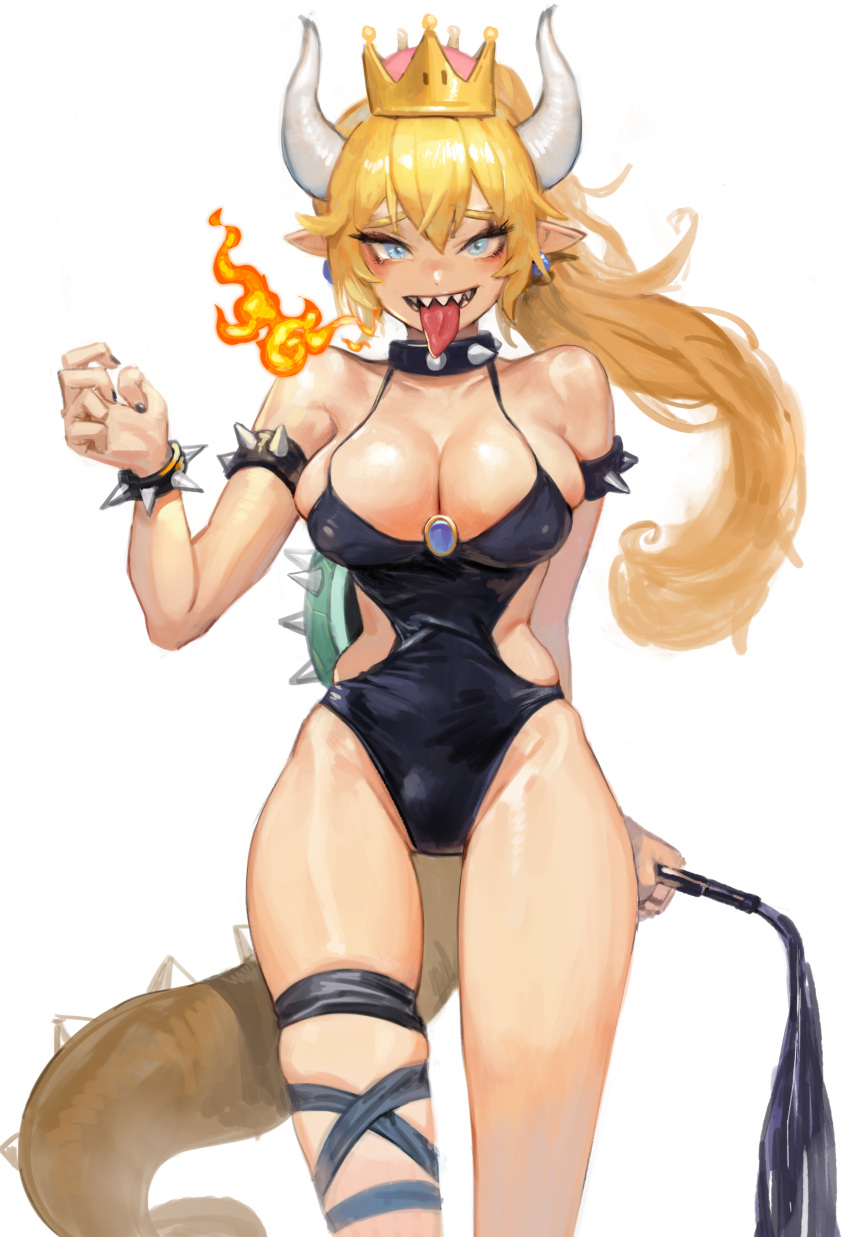 1girl absurdres black_nails blonde_hair blue_eyes bowsette bracelet breasts cleavage collar crown earrings fire highres horns jewelry large_breasts long_hair looking_at_viewer nail_polish naughty_face new_super_mario_bros._u_deluxe nintendo pointy_ears ponytail romana sharp_teeth simple_background smile solo spiked_armlet spiked_bracelet spiked_collar spikes standing super_crown super_mario_bros. tail teeth tongue tongue_out whip white_background