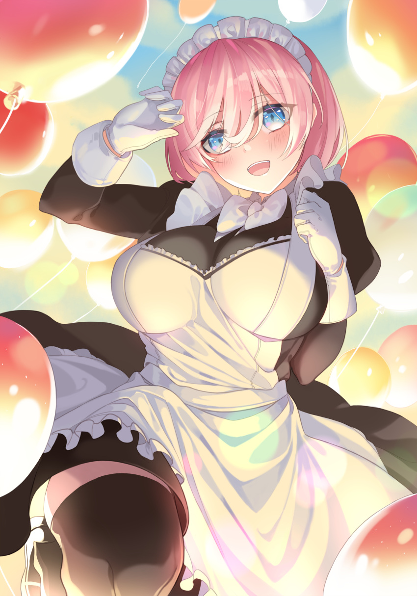 1girl :d absurdres apron arm_up balloon bangs black_dress black_footwear blue_eyes blue_sky blush bow bowtie breasts brown_legwear clouds commentary day dress english_commentary eyebrows_visible_through_hair frilled_apron frills gloves hair_between_eyes hand_up head_tilt highres huyou_(awegk) juliet_sleeves large_breasts long_sleeves looking_at_viewer maid maid_apron maid_headdress open_mouth original outdoors pink_hair puffy_sleeves shoes sky smile solo standing standing_on_one_leg thigh-highs upper_teeth white_apron white_gloves white_neckwear