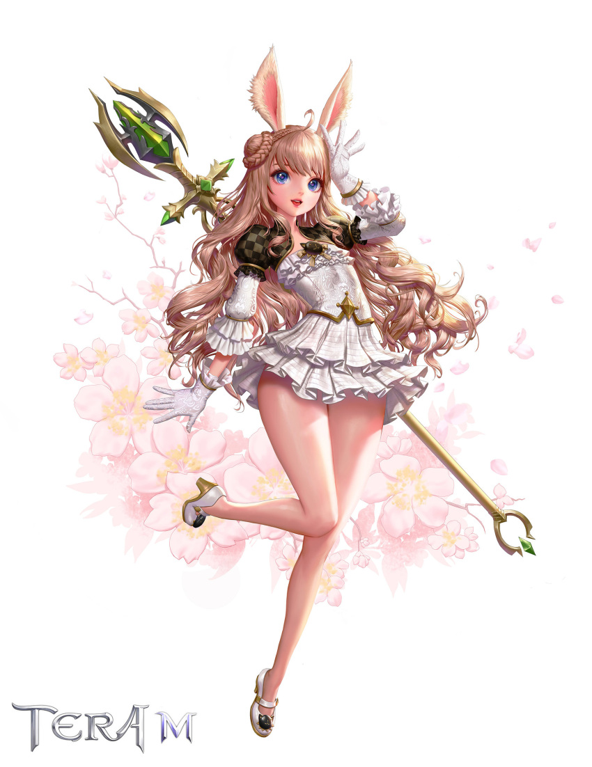 1girl absurdres ahoge animal_ears arm_up blonde_hair blue_eyes braid copyright_name dospi dress elin_(tera) flower full_body gloves hair_bun highres leg_up legs lips long_hair official_art open_mouth rabbit_ears shoes short_dress smile solo staff tera_online thighs weapon white_dress white_gloves