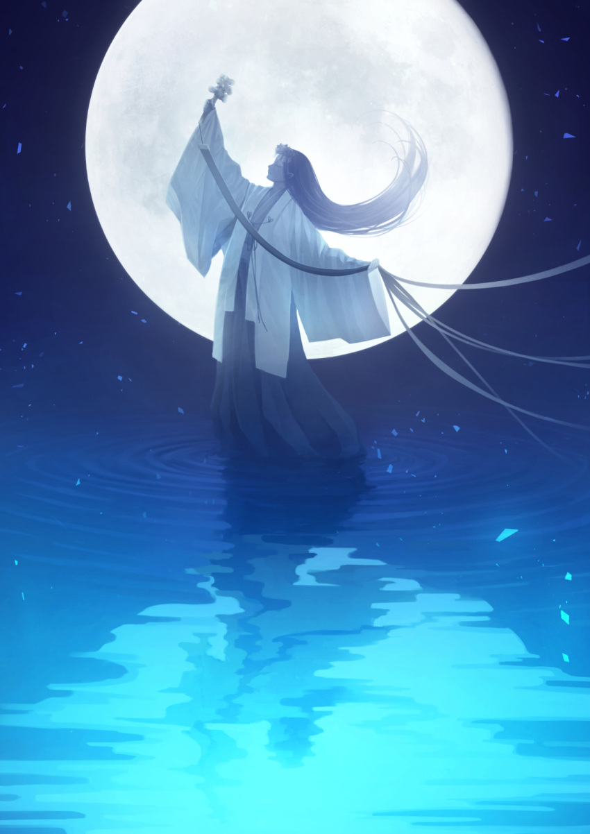 1girl blue closed_eyes commentary_request dancing floating_hair full_moon hakama highres holding japanese_clothes long_hair long_sleeves miko monochrome moon original profile ripples sachi_(yumemayoi) wide_sleeves