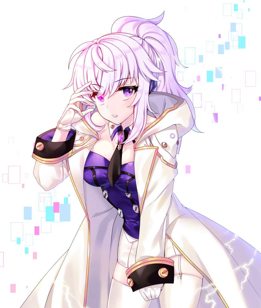 add_(elsword) cloak electricity elsword eyebrows_visible_through_hair genderswap genderswap_(mtf) gloves highres mastermind_(elsword) necktie open_mouth ponytail sidelocks white_hair xes_(xes_5377)