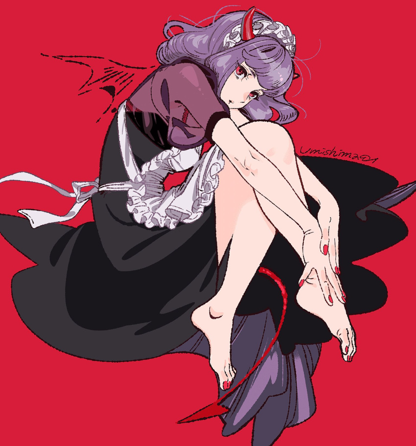 1girl apron bangs barefoot black_dress blunt_bangs closed_mouth demon_girl demon_horns demon_tail demon_wings dress fingernails from_side highres horns looking_at_viewer looking_to_the_side maid maid_apron maid_headdress messy_hair nail_polish original pointy_ears purple_hair red_background red_nails signature simple_background solo tail toenail_polish toenails umishima_senbon white_apron wings