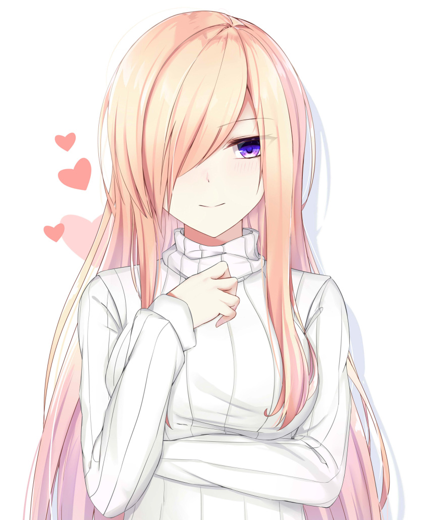 1girl absurdres blonde_hair eternity_(pixiv8012826) eyebrows_visible_through_hair hair_over_one_eye heart highres long_hair looking_at_viewer original ribbed_sweater shadow simple_background smile solo sweater upper_body very_long_hair violet_eyes white_background white_sweater