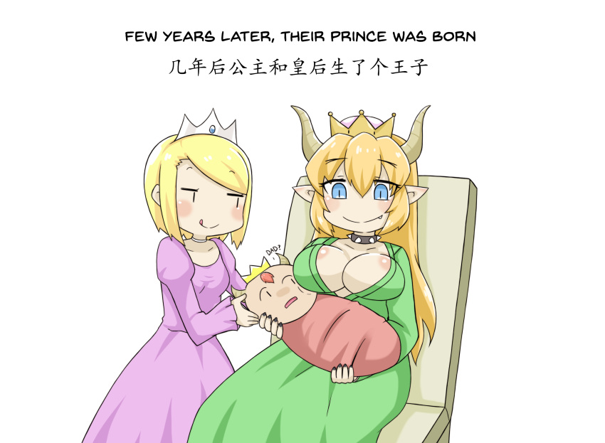 1boy 2girls :q blonde_hair blush bowsette breasts chair chinese closed_mouth comic crown dress english eyebrows_visible_through_hair fang_out green_dress greenteaneko hair_down highres holding ips_cells jitome large_breasts long_hair super_mario_bros. multiple_girls new_super_mario_bros._u_deluxe nintendo pointy_ears purple_dress redhead simple_background smile super_crown tongue tongue_out white_background yuri