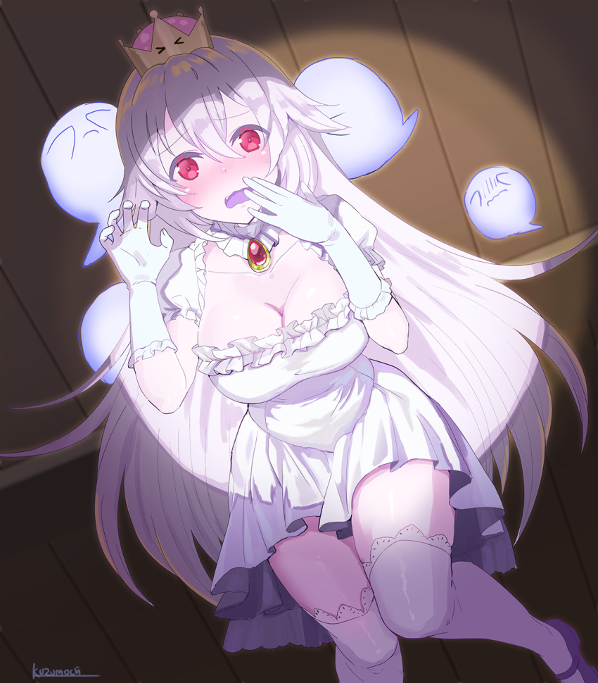 &gt;_&lt; 1girl against_wall artist_name blush boo breasts cleavage collarbone commentary_request covering_eyes crown detached_collar dress embarrassed ghost gloves hair_between_eyes hand_to_own_mouth highres jewelry kuzumochi_(kuzumochiya) large_breasts long_hair looking_at_viewer luigi's_mansion super_mario_bros. new_super_mario_bros._u_deluxe nintendo pendant princess_king_boo puffy_short_sleeves puffy_sleeves short_dress short_sleeves silver_hair solo super_crown thigh-highs violet_eyes wavy_mouth white_dress white_gloves white_legwear white_skin