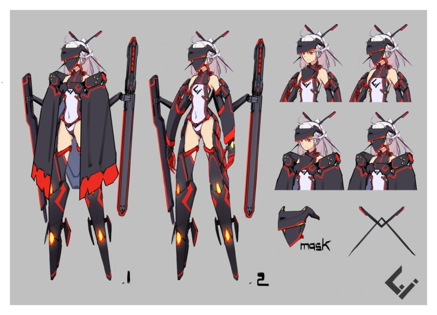 1girl armor bare_shoulders boots cape character_sheet closed_mouth covered_navel gauntlets grey_background hair_ornament hairpin legs_apart leotard long_hair mecha_musume navel original pink_hair ponytail red_eyes sawawse simple_background standing visor_(armor) white_leotard