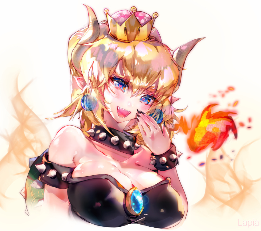 1girl armlet artist_name bare_shoulders black_dress black_nails blonde_hair blue_eyes bowsette bracelet breasts cleavage collar crown dress earrings fangs fingernails fire fireball hand_to_own_mouth horns jewelry lapia large_breasts laughing looking_at_viewer super_mario_bros. nail_polish new_super_mario_bros._u_deluxe nintendo open_mouth pointy_ears sharp_fingernails sharp_teeth smile solo spiked_armlet spiked_bracelet spiked_collar spiked_shell spikes strapless strapless_dress super_crown symbol-shaped_pupils teeth turtle_shell upper_body