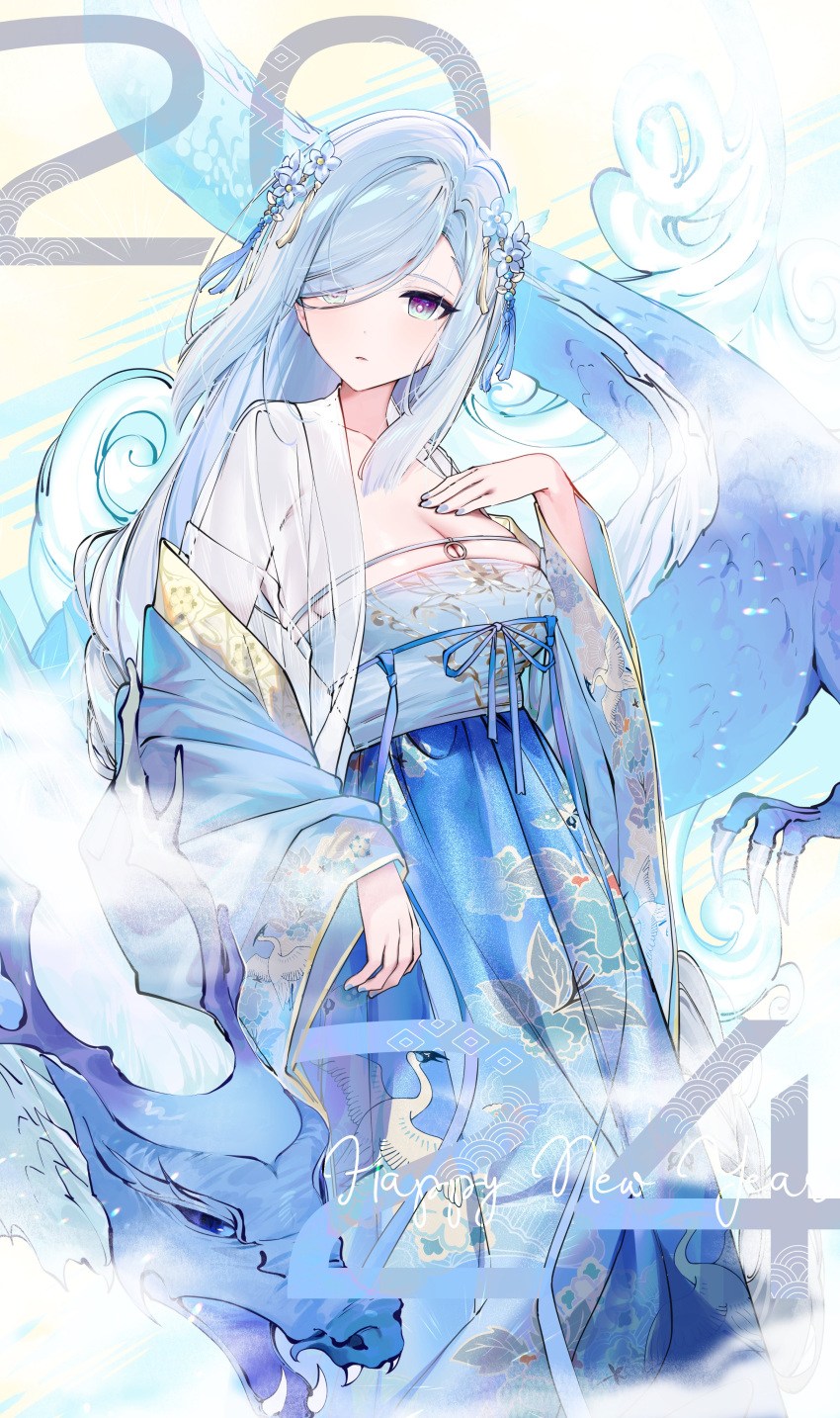 1girl 2024 absurdres alternate_costume blue_hair breasts china_dress chinese_clothes dragon dress genshin_impact hair_ornament hair_over_one_eye happy_new_year highres kkopoli light_blue_hair long_hair long_sleeves looking_at_viewer medium_breasts multicolored_eyes multicolored_hair shenhe_(genshin_impact) very_long_hair violet_eyes white_hair