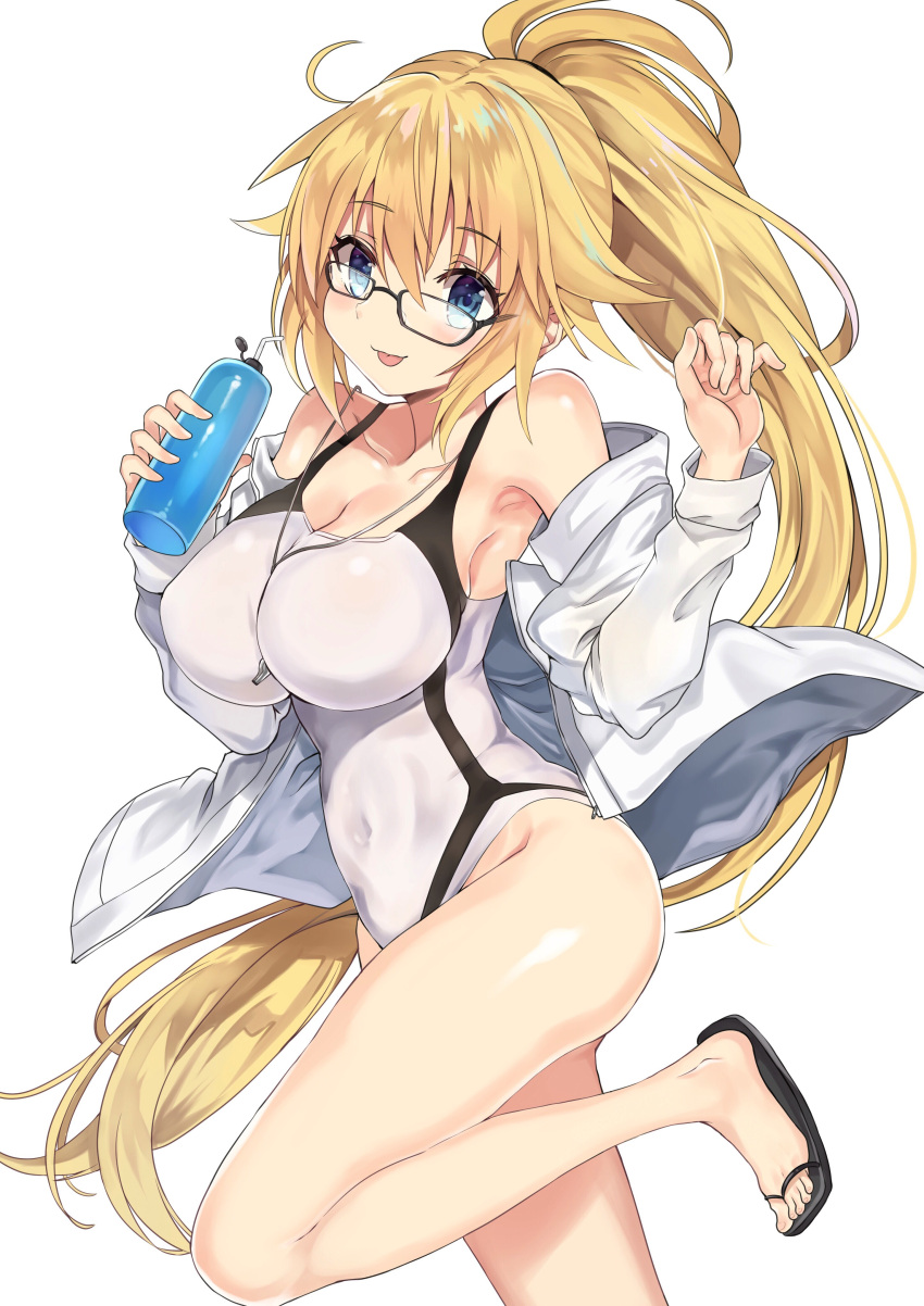1girl absurdres bespectacled bottle commentary_request competition_swimsuit fate/grand_order fate_(series) glasses hair_flaps highres hood hooded_jacket jacket jeanne_d'arc_(fate)_(all) jeanne_d'arc_(swimsuit_archer) looking_at_viewer one-piece_swimsuit ponytail retsuto sandals simple_background solo standing standing_on_one_leg swimsuit tongue tongue_out water_bottle white_background white_jacket white_swimsuit