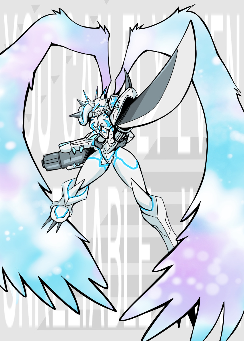 a.k.o.t. absurdres angel_wings arm_blade arm_cannon armor blue_eyes cape commentary digimon digimon_adventure digimon_adventure_tri. glowing helmet highres horns katana no_humans omegamon spikes sword weapon white_wings wings