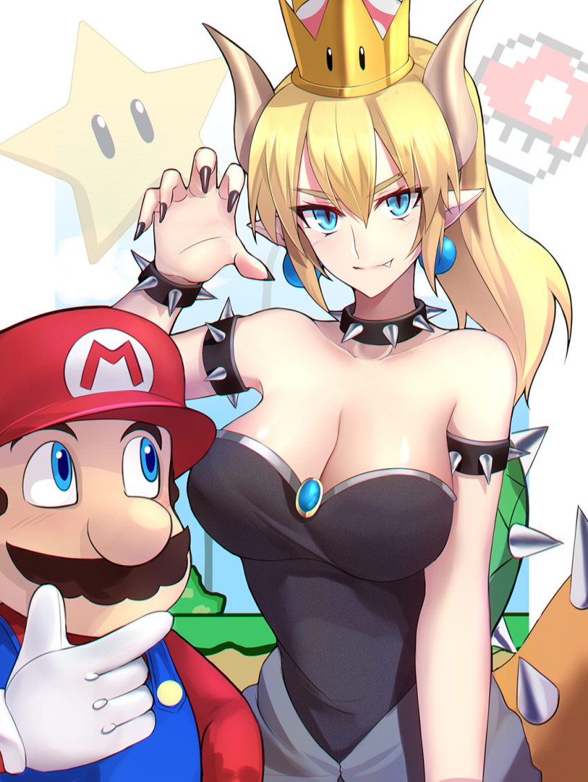 1girl armlet bare_shoulders black_dress black_nails blonde_hair blue_eyes bowsette bracelet breasts cleavage closed_mouth collar crown dress earrings eyebrows_visible_through_hair facial_hair fang gloves hair_between_eyes hat highres horns jewelry large_breasts looking_at_viewer mario super_mario_bros. mushroom mustache nail_polish new_super_mario_bros._u_deluxe nintendo overalls plumber pointy_ears ponytail red_hat sharp_teeth shiguru spiked_bracelet spiked_collar spiked_shell spiked_tail spikes star strapless strapless_dress super_crown super_mario_bros. super_mushroom tail teeth turtle_shell white_gloves