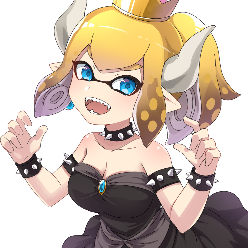 1girl :d black_dress blonde_hair blue_eyes bowsette bowsette_(cosplay) breasts cleavage cosplay crown domino_mask dress highres horns inkling looking_at_viewer super_mario_bros. mask medium_breasts new_super_mario_bros._u_deluxe nintendo open_mouth pointy_ears sharp_teeth simple_background sleeveless sleeveless_dress smile solo splatoon strapless strapless_dress takeko_spla teeth tentacle_hair upper_body white_background