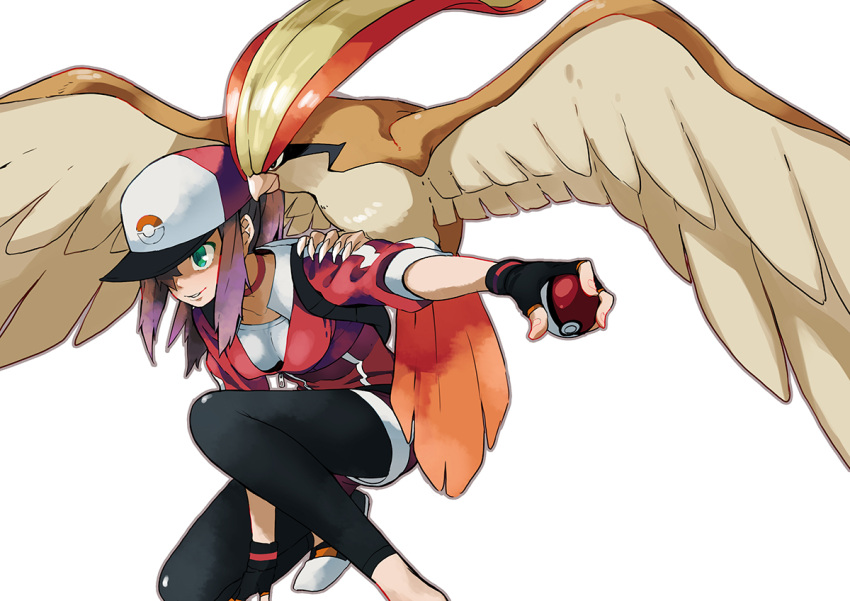 1girl backpack bag baseball_cap beak bird black_gloves black_legwear breasts brown_hair choker claws collarbone commentary_request creatures_(company) cropped_jacket doushimasho feathered_wings female_protagonist_(pokemon_go) fingerless_gloves game_freak gen_1_pokemon gloves hair_over_one_eye hat head_down holding holding_poke_ball jacket jumpsuit leggings long_hair nintendo outstretched_arm pidgeot poke_ball poke_ball_(generic) poke_ball_print pokemon pokemon_(creature) pokemon_go pokemon_on_shoulder ponytail red_choker red_jacket red_jumpsuit serious sidelocks simple_background small_breasts spread_wings squatting white_background wings zipper_pull_tab