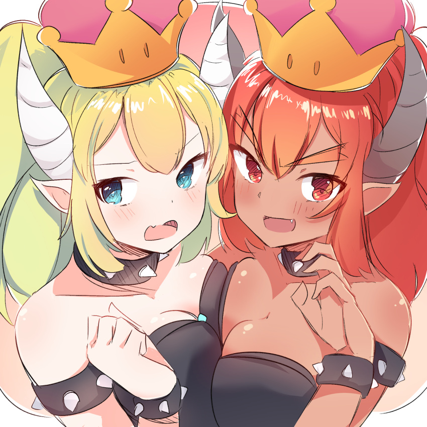 2girls armlet asymmetrical_docking bare_shoulders blonde_hair blue_eyes blush bowsette bracelet breast_press breasts cleavage collar coolisushi crown dark_skin dual_persona eyebrows eyebrows_visible_through_hair fang highres horns jewelry looking_at_viewer super_mario_bros. medium_breasts multiple_girls new_super_mario_bros._u_deluxe nintendo open_mouth pointy_ears ponytail red_eyes redhead simple_background sketch smile spiked_armlet spiked_bracelet spiked_collar spikes super_crown upper_body white_background