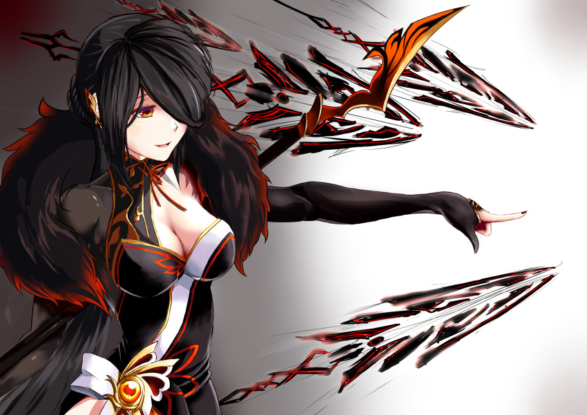 196502 1girl ara_han bangs black_dress black_gloves black_hair black_nails breasts cleavage dress elsword eyebrows fur_trim gloves hair_ornament hair_over_one_eye highres jewelry long_hair looking_to_the_side nail_polish open_mouth pointing polearm projectile red_eyes red_ribbon ribbon sleeved_gloves smile spear weapon