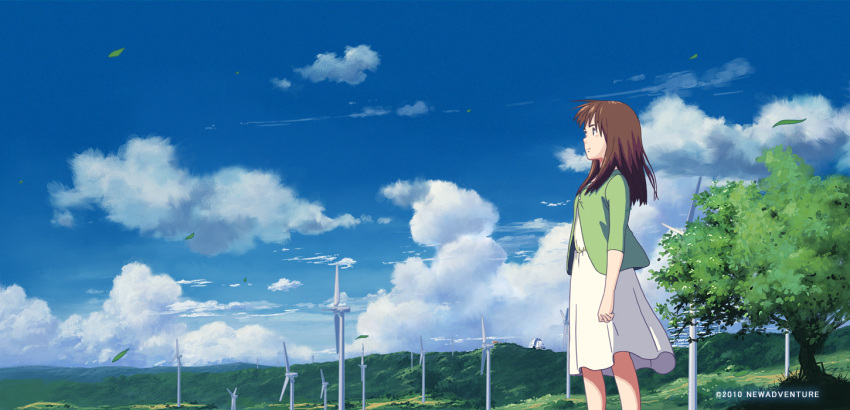 1girl blue_sky blush brown_hair closed_mouth clouds copyright_request day isai_shizuka leaf looking_away medium_hair mountainous_horizon outdoors scenery sky smile solo standing tree wind_turbine windmill