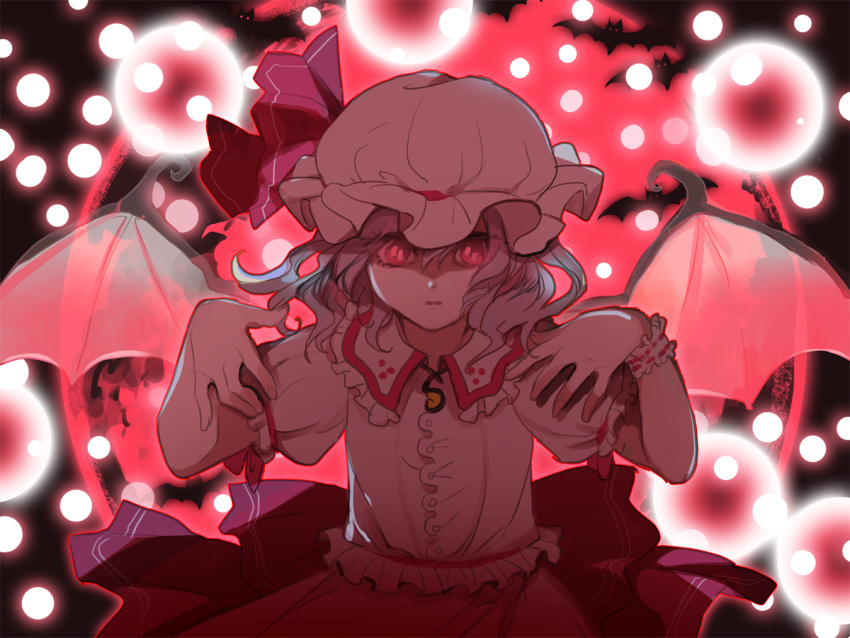 1girl bat bat_wings blue_hair danmaku facing_viewer full_moon hat hat_ribbon joniko1110 looking_at_viewer mob_cap moon pink_ribbon pose puffy_short_sleeves puffy_sleeves red red_eyes red_moon remilia_scarlet ribbon short_hair short_sleeves single_wrist_cuff skirt skirt_set solo touhou vampire white_hat wings wrist_cuffs