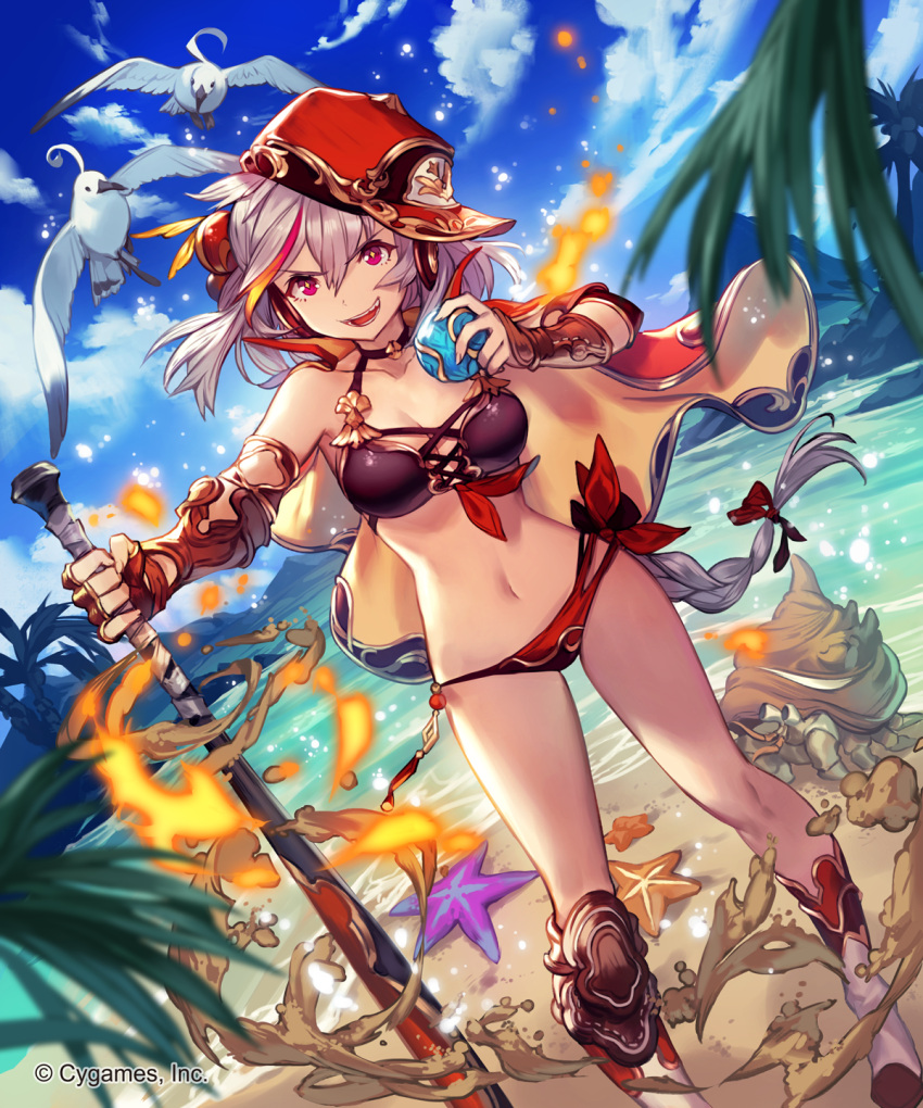 1girl :d animal bare_shoulders baseball_bat baseball_cap beach beach_chair bikini bird blue_sky blurry blurry_foreground boots bracer braid breasts cape character_request cleavage clouds cloudy_sky day depth_of_field dutch_angle fire gauntlets grey_hair hair_between_eyes hand_up hat hermit_crab highres holding large_breasts lee_hyeseung long_hair looking_at_viewer multicolored multicolored_cape multicolored_clothes navel ocean official_art open_mouth outdoors oversized_animal red_bikini red_eyes red_hat sand seagull shingeki_no_bahamut side-tie_bikini sideways_hat single_braid sky smile solo standing summer swimsuit very_long_hair watermark