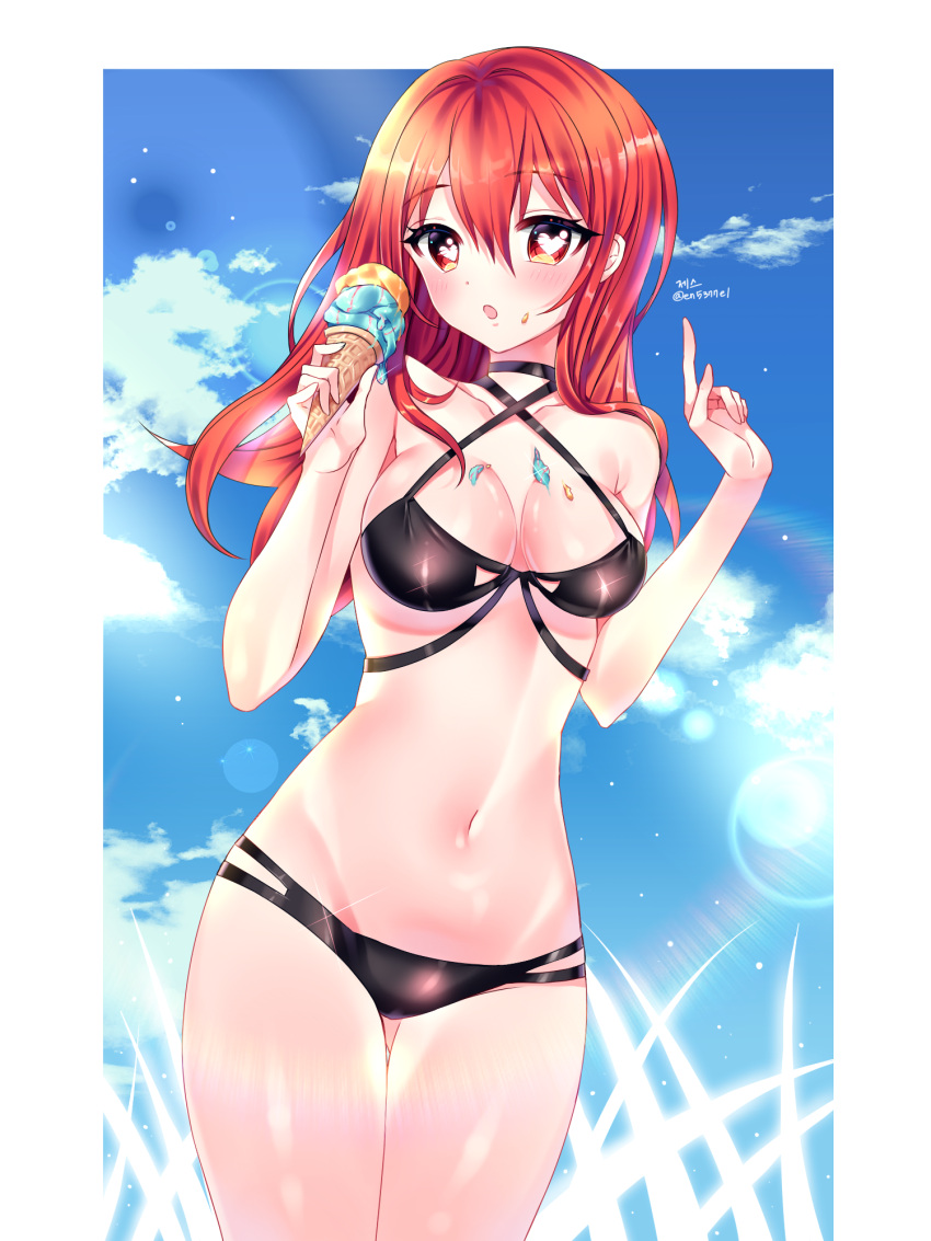 1girl blush breasts collarbone elesis_(elsword) elsword eyebrows_visible_through_hair food heart heart-shaped_pupils highres ice_cream ice_cream_cone medium_breasts navel open_mouth sky swimsuit symbol-shaped_pupils xes_(xes_5377)