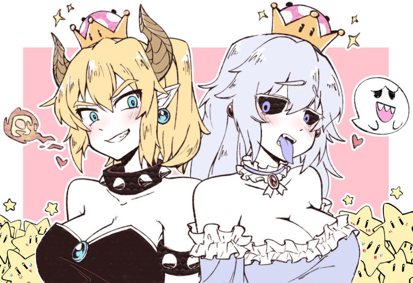 2girls armlet bare_shoulders black_dress blonde_hair blue_eyes blush boo bowsette breasts cleavage collar crown dress earrings grin highres horns jewelry korina_(mrpuripurin) large_breasts long_hair looking_at_viewer luigi's_mansion super_mario_bros. multiple_girls new_super_mario_bros._u_deluxe nintendo pointy princess_king_boo silver_hair smile smirk spiked_armlet spiked_collar spikes strapless strapless_dress super_crown tongue tongue_out upper_body violet_eyes