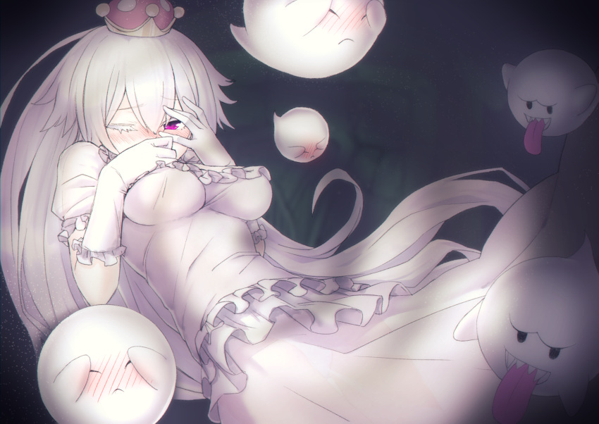 1girl blush boo breasts crown dress embarrassed floating ghost gloves highres kawama_hidesuke luigi's_mansion super_mario_bros. new_super_mario_bros._u_deluxe nintendo panties princess_king_boo red_eyes see-through super_crown underwear white_dress white_gloves white_hair