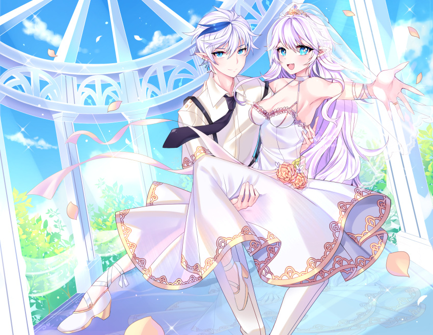 1boy 1girl bridal_veil carrying ciel_(elsword) crown demon_girl dreadlord_(elsword) dress elsword fang highres jewelry luciela_r._sourcream petals princess_carry ring smile star star-shaped_pupils symbol-shaped_pupils tagme veil wedding wedding_dress xes_(xes_5377)