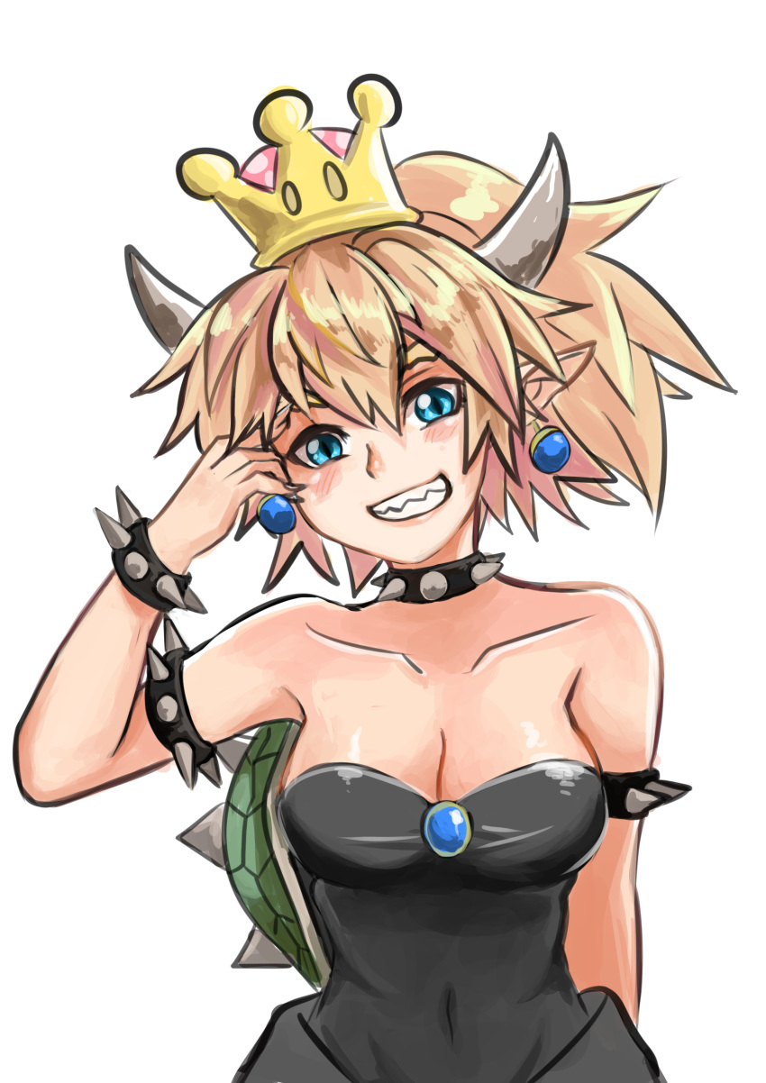 1girl absurdres bare_shoulders blonde_hair blue_eyes bowsette bracelet breasts cleavage collar crown dress earrings highres horns jewelry large_breasts long_hair looking_at_viewer super_mario_bros. new_super_mario_bros._u_deluxe nintendo ponytail sharp_teeth shell smile solo spiked_bracelet spiked_collar spikes super_crown teeth