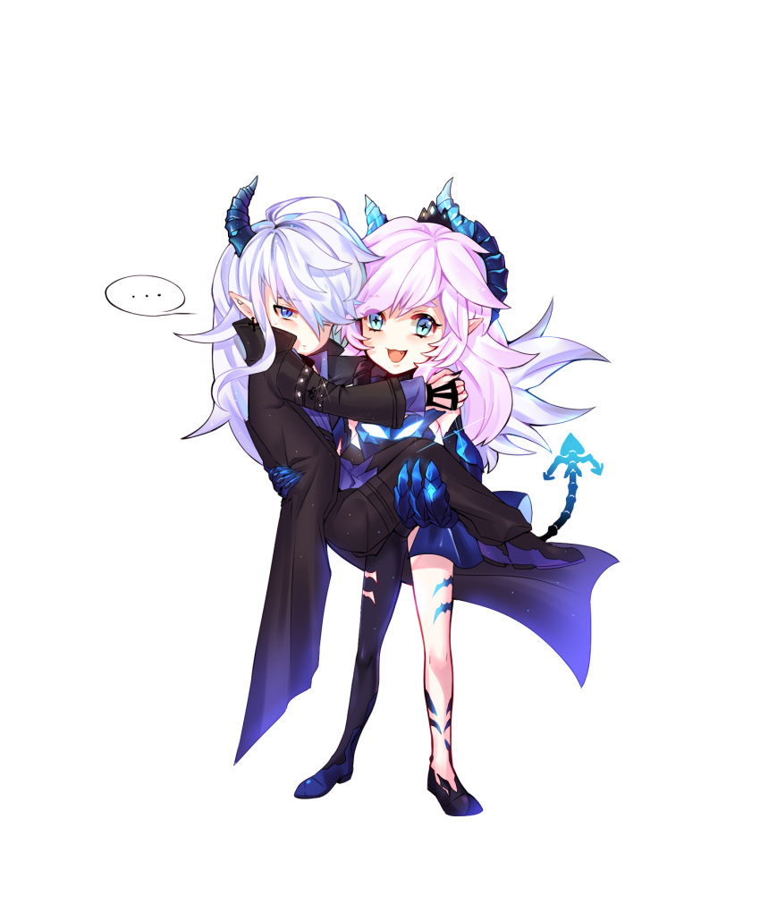 ... 1boy 1girl carrying ciel_(elsword) clawed_gauntlets crown demon_girl demon_horns demon_tail demonio_(elsword) diabla_(elsword) earrings elsword fang highres horns jewelry luciela_r._sourcream pointy_ears princess_carry smile star star-shaped_pupils symbol-shaped_pupils tail tattoo white_hair xes_(xes_5377)