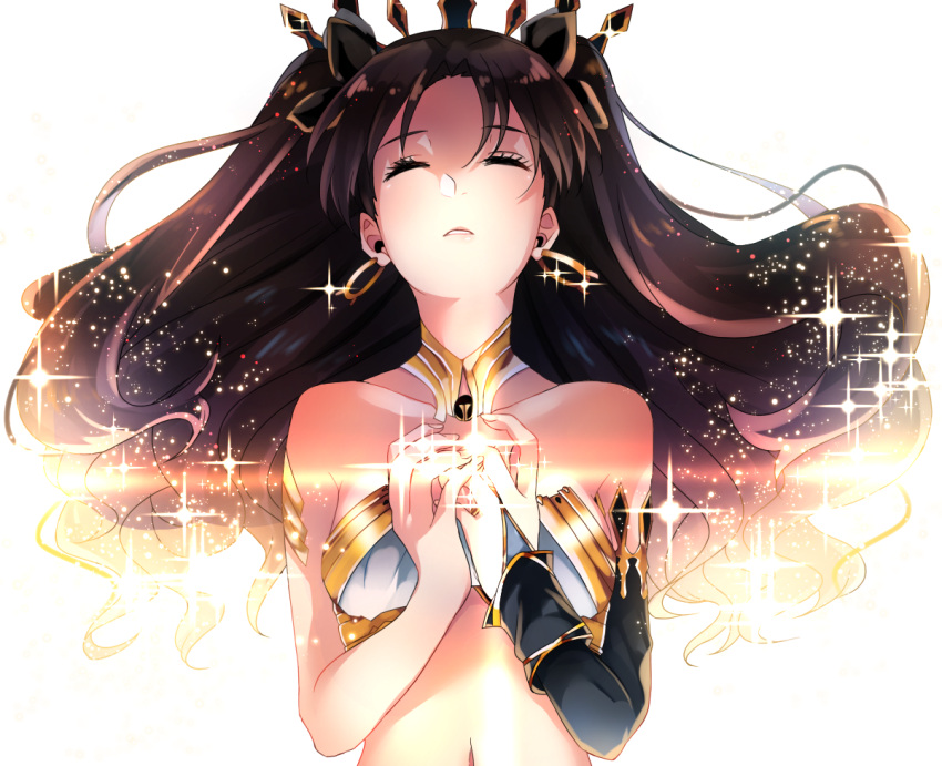 1girl asymmetrical_sleeves bra bridal_gauntlets brown_hair choker closed_eyes collarbone earrings fate/grand_order fate_(series) floating_hair getsuyoubi hair_ornament ishtar_(fate/grand_order) jewelry long_hair midriff navel parted_lips simple_background solo sparkle stomach strapless strapless_bra twintails underwear underwear_only upper_body very_long_hair white_background