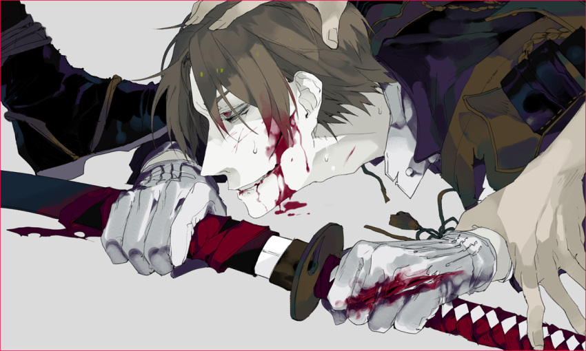 bleeding blood blood_on_face bloody_clothes bloody_hands bloody_weapon brown_eyes brown_hair clenched_hand cuts gloves hand_on_another's_head heshikiri_hasebe holding holding_sword holding_weapon injury male_focus mzet scratches short_hair sword teeth torn_clothes touken_ranbu weapon white_gloves