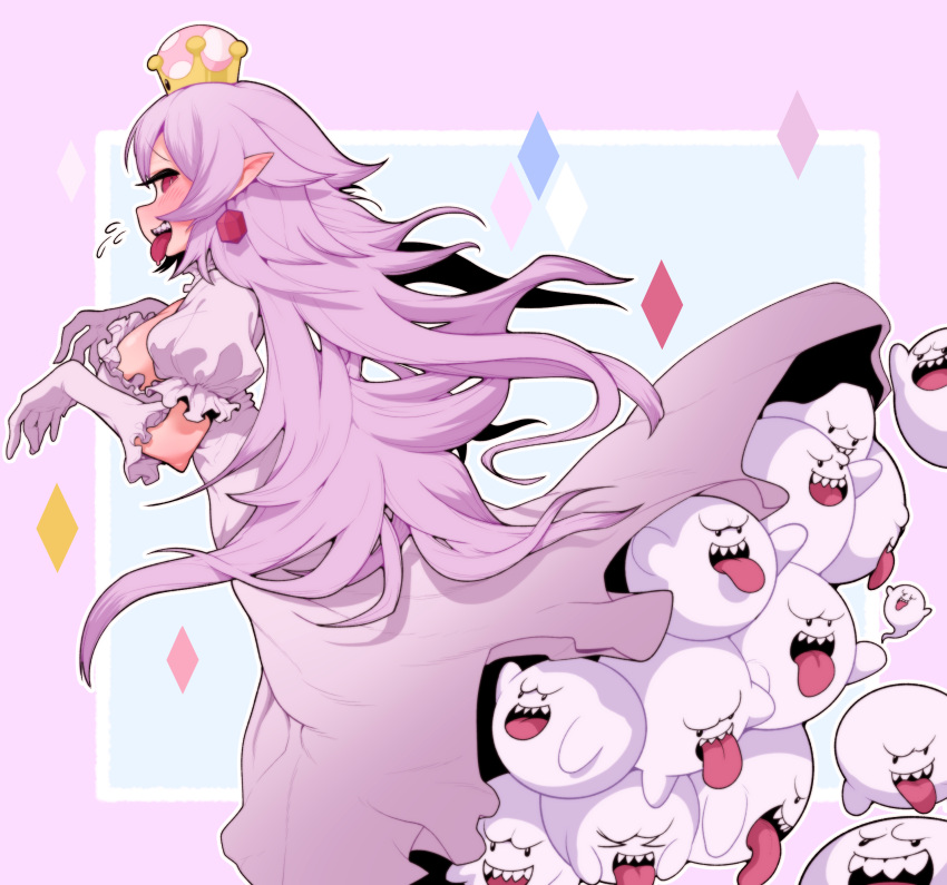 1girl :p absurdres blush boo breasts crown dress earrings ghost gloves highres jewelry long_hair super_mario_bros. nintendo personification pointy_ears princess_king_boo puffy_short_sleeves puffy_sleeves sharp_teeth short_sleeves skirt solo ssangbong-llama super_crown super_mario_bros. teeth tongue tongue_out