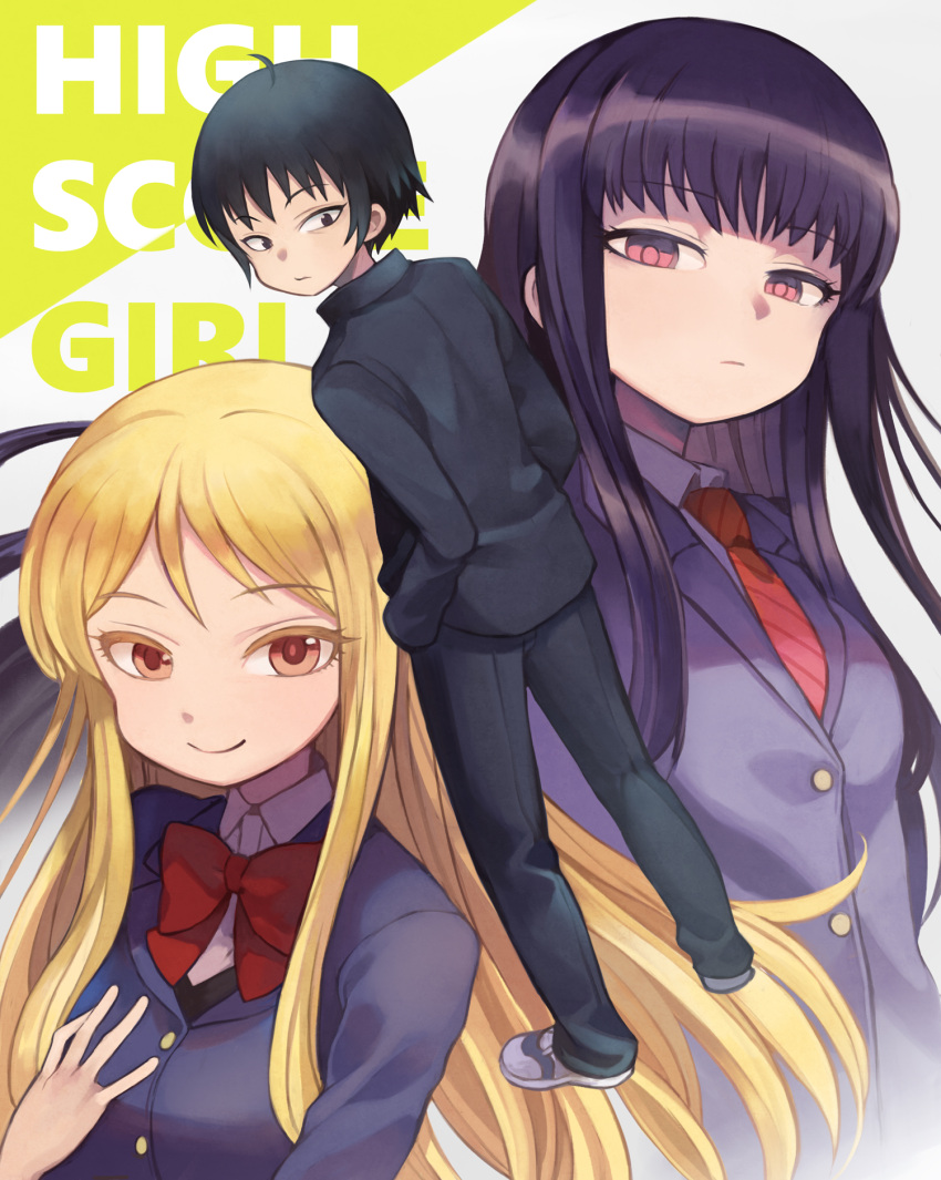 1boy 2girls bangs black_eyes black_hair black_jacket black_pants blazer blonde_hair bow bowtie breasts closed_mouth collared_shirt commentary_request copyright_name diagonal-striped_neckwear diagonal_stripes eyebrows_visible_through_hair gakuran green_background grey_background hand_in_pocket hand_on_own_chest hand_up hidaka_koharu high_score_girl highres jacket long_hair medium_breasts multiple_girls necktie oono_akira pants purple_blazer purple_hair red_eyes red_neckwear school_uniform shirt small_breasts smile standing striped striped_neckwear two-tone_background very_long_hair white_shirt yaguchi_haruo yuko_(uc_yuk)