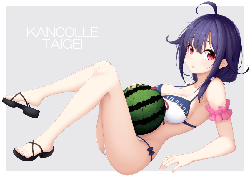 1girl :o absurdres ahoge arm_scrunchie bangs bikini blush breasts character_name cleavage eyebrows_visible_through_hair food fruit grey_background hair_flaps hair_ornament halter_top halterneck highres kantai_collection large_breasts long_hair looking_at_viewer low_twintails ochiai_miyabi open_mouth outside_border purple_hair reclining red_eyes sandals sidelocks simple_background solo swimsuit taigei_(kantai_collection) thighs twintails watermelon