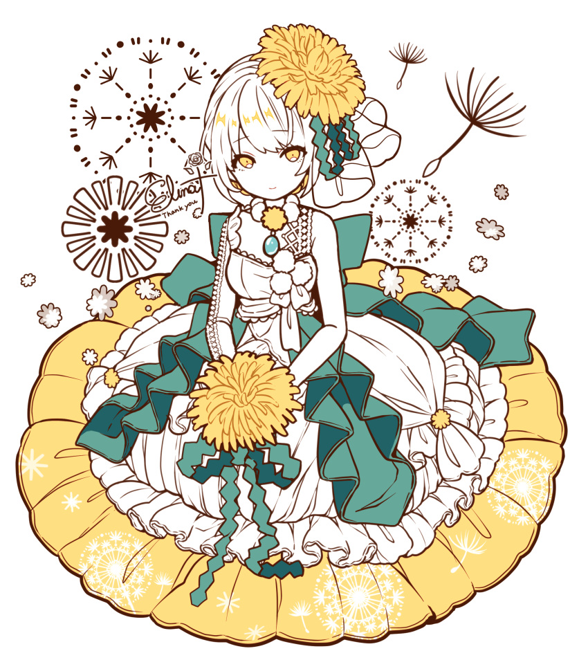 1girl absurdres artist_name blonde_hair blue_gemstone breasts closed_mouth colored_inner_hair commentary dandelion dress elina_(e2n04n) english_commentary floral_print flower frilled_dress frills full_body gem green_ribbon hair_flower hair_ornament highres holding holding_flower jewelry light_smile limited_palette long_sleeves looking_at_viewer looking_up mixed-language_commentary multicolored_clothes multicolored_dress multicolored_hair necklace original print_dress ribbon short_hair single_bare_shoulder single_sleeve small_breasts solo thank_you white_background white_dress white_hair white_ribbon yellow_dress yellow_eyes yellow_flower