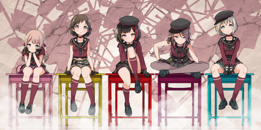 5girls afterglow_(bang_dream!) alternate_hairstyle aoba_moka aqua_eyes badge bang_dream! bangs between_legs black_footwear black_gloves black_hat black_neckwear black_skirt bob_cut brown_eyes brown_hair chair chin_rest choker commentary_request desk double-breasted earrings elbows_on_knees frown gloves grey_hair grey_legwear hair_ribbon hand_between_legs hand_on_own_knee hand_on_own_leg hat hazawa_tsugumi highres jewelry knee_up kneehighs leaning_forward legs_crossed long_hair long_sleeves looking_at_viewer lost_one_no_goukoku_(vocaloid) miniskirt mitake_ran multicolored_hair multiple_girls neckerchief on_desk pantyhose pink_hair plaid plaid_skirt red_legwear red_shirt redhead ribbon school_chair school_desk school_uniform serafuku shipii_(jigglypuff) shirt shoes short_hair short_sleeves sitting sitting_on_desk skirt star star_print streaked_hair striped_choker udagawa_tomoe uehara_himari violet_eyes vocaloid