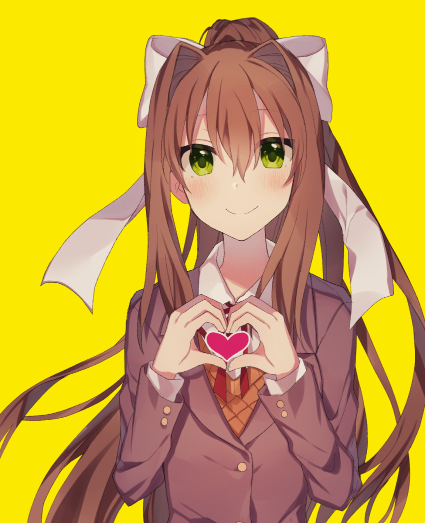 1girl bangs blazer blush bow brown_hair brown_jacket closed_mouth collared_shirt doki_doki_literature_club eyebrows_visible_through_hair green_eyes grey_bow hair_between_eyes hair_bow hair_intakes hands_up heart heart_hands high_ponytail highres jacket long_hair long_sleeves minamiya_mia monika_(doki_doki_literature_club) neck_ribbon ponytail red_ribbon ribbon school_uniform shirt sidelocks simple_background smile solo sweater_vest upper_body very_long_hair white_shirt yellow_background